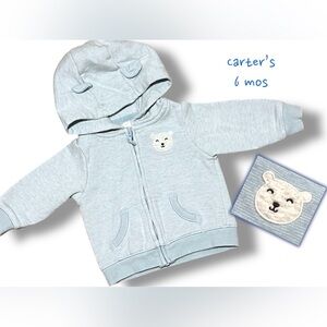 EUC Carter's Light Blue Striped Hoodie w/ Bear Decal; Zip Up; Has Ears! (6 mos)